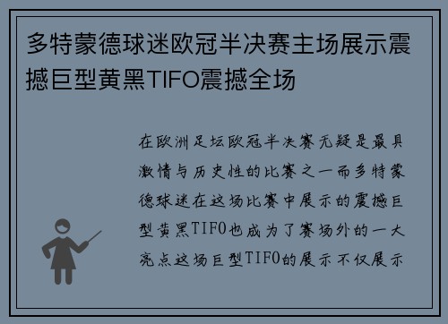 多特蒙德球迷欧冠半决赛主场展示震撼巨型黄黑TIFO震撼全场