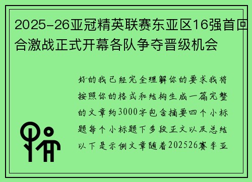2025-26亚冠精英联赛东亚区16强首回合激战正式开幕各队争夺晋级机会 2025-26亚冠精英联赛东亚区16强首回合激战正式开幕各队争夺晋级机会