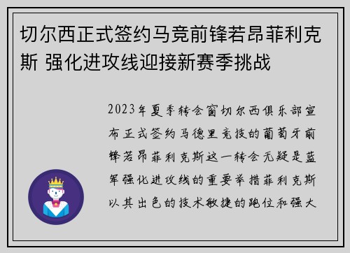 切尔西正式签约马竞前锋若昂菲利克斯 强化进攻线迎接新赛季挑战